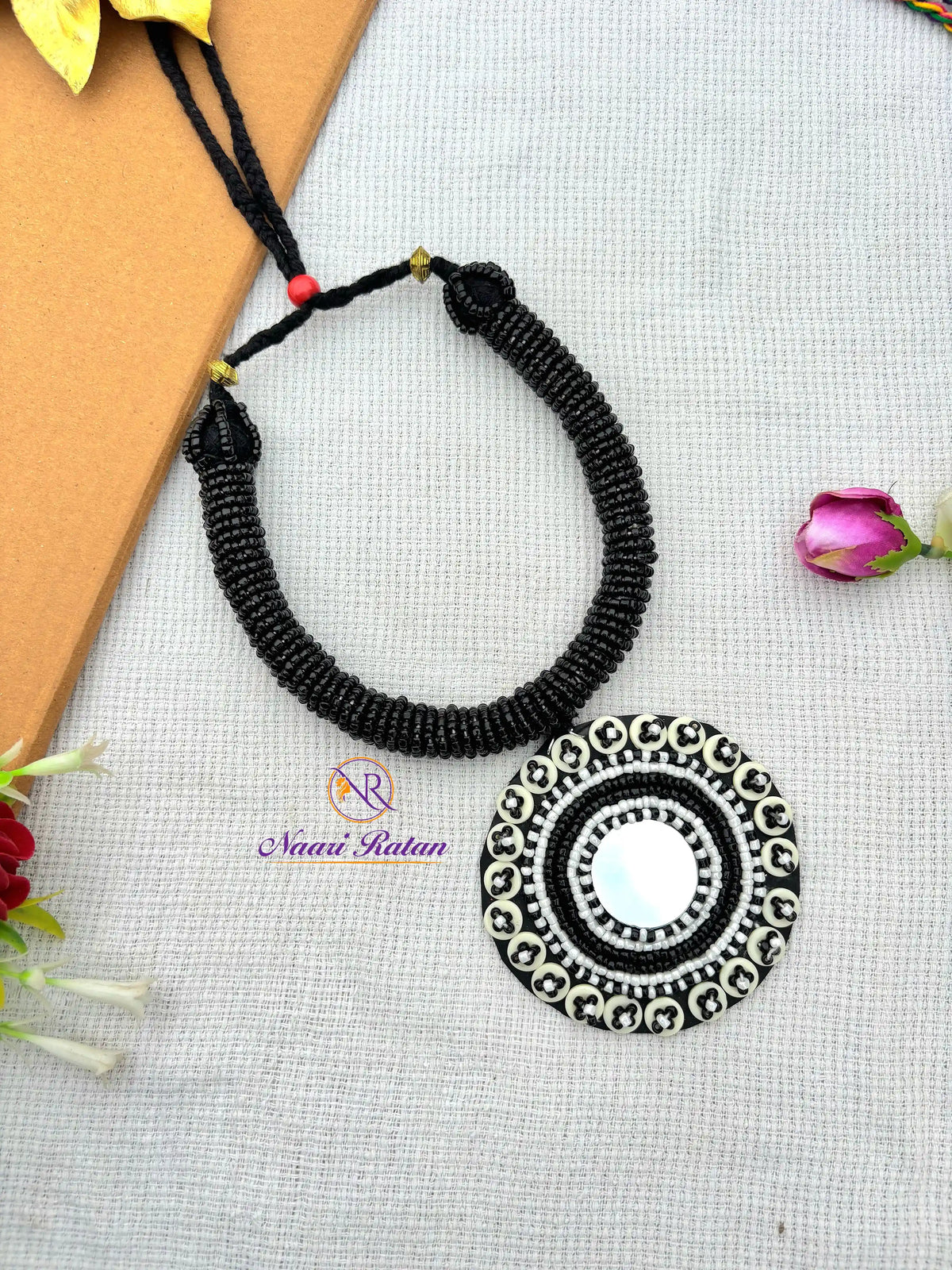 Kutchi Motira Chok - Multicolor beaded choker set with mirror work pendant and earrings by Naari Ratan Side View