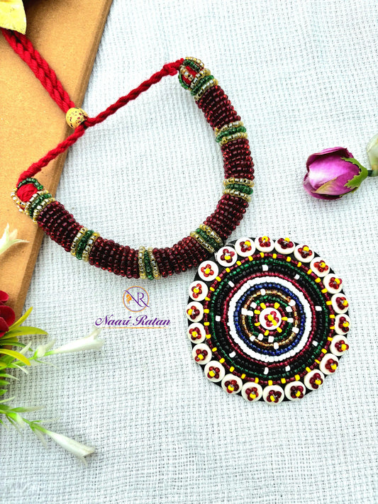 Kutchi Motira Chok - Multicolor beaded choker set with mirror work pendant and earrings by Naari Ratan 