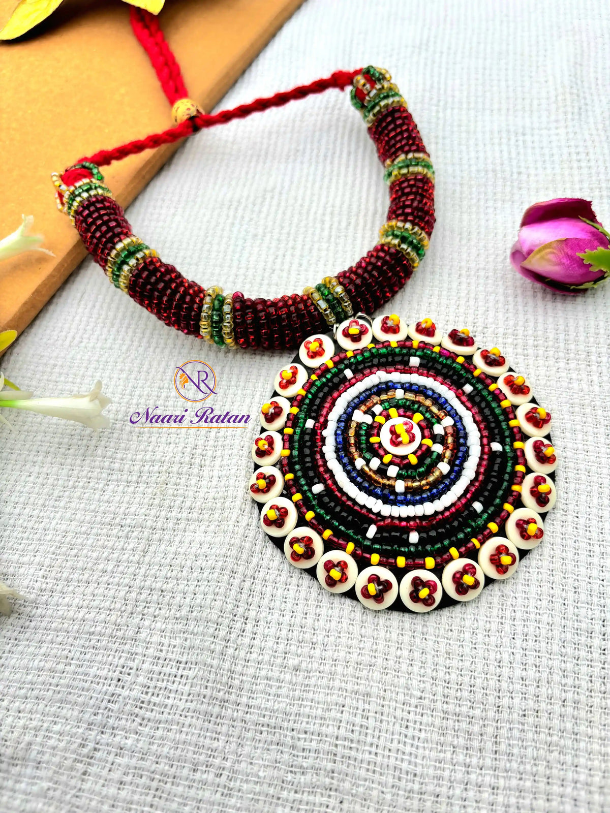Kutchi Motira Chok - Multicolor beaded choker set with mirror work pendant and earrings by Naari Ratan Side View