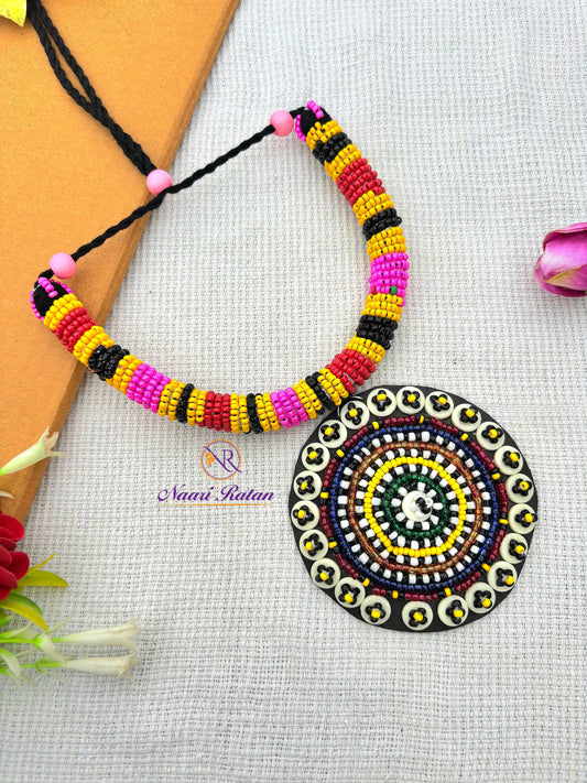 Kutchi Motira Chok - Multicolor beaded choker set with mirror work pendant and earrings by Naari Ratan