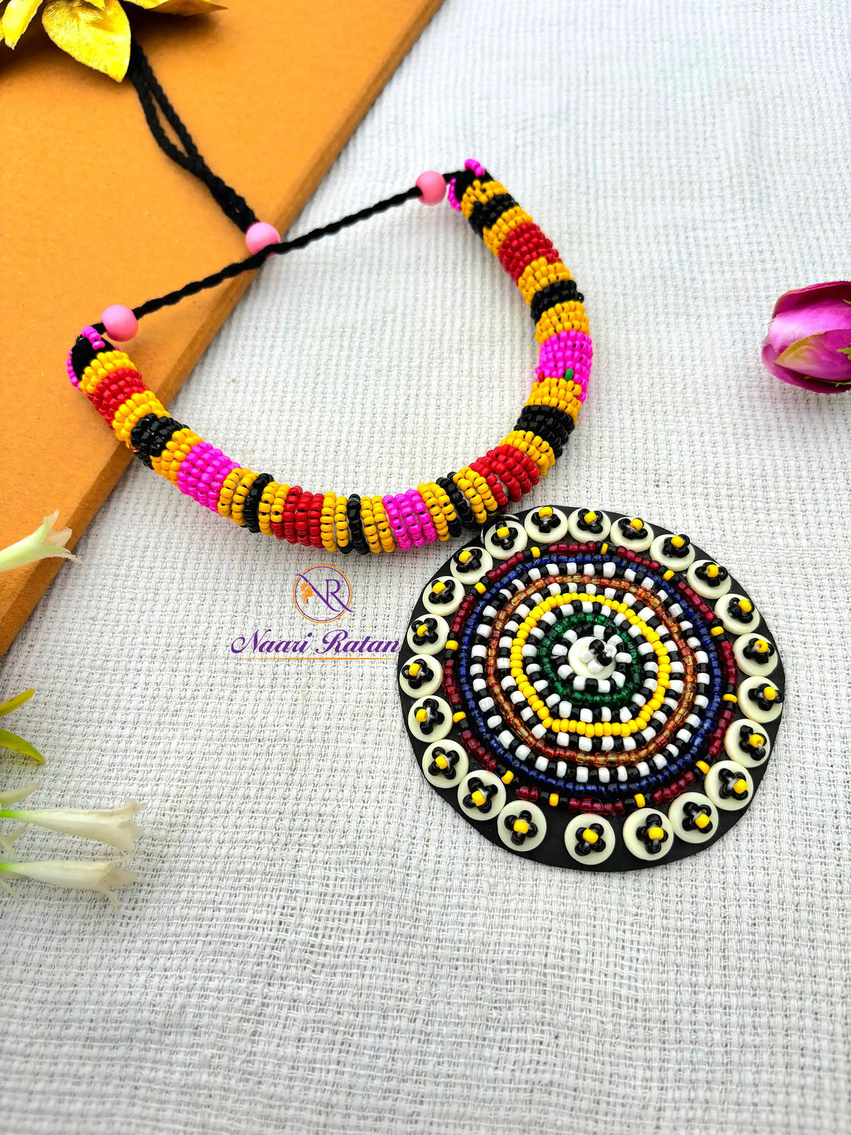 Kutchi Motira Chok - Multicolor beaded choker set with mirror work pendant and earrings by Naari Ratan Side View