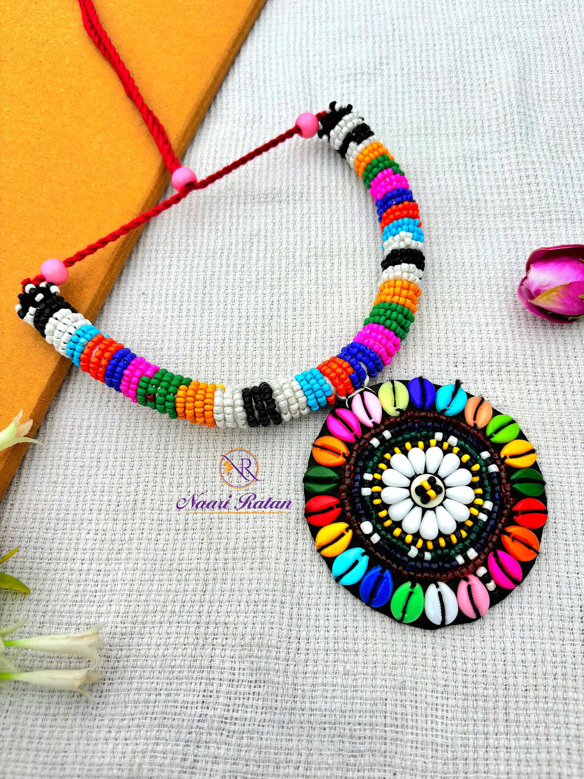 Kutchi Motira Chok - Multicolor beaded choker set with mirror work pendant and earrings by Naari Ratan