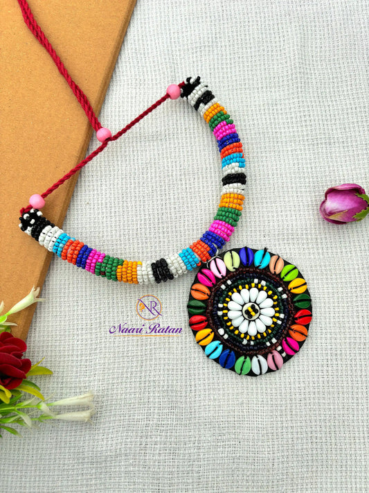 Kutchi Motira Chok - Multicolor beaded choker set with mirror work pendant and earrings by Naari Ratan Side View