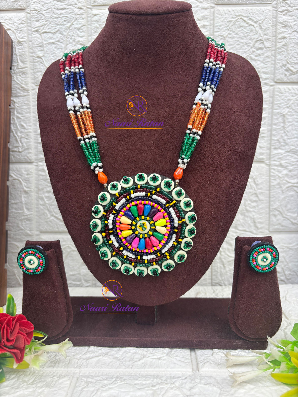 Kutchi Motira Neckpiece 03 Naari Ratan - multicolor beadwork necklace with floral mandala pendant