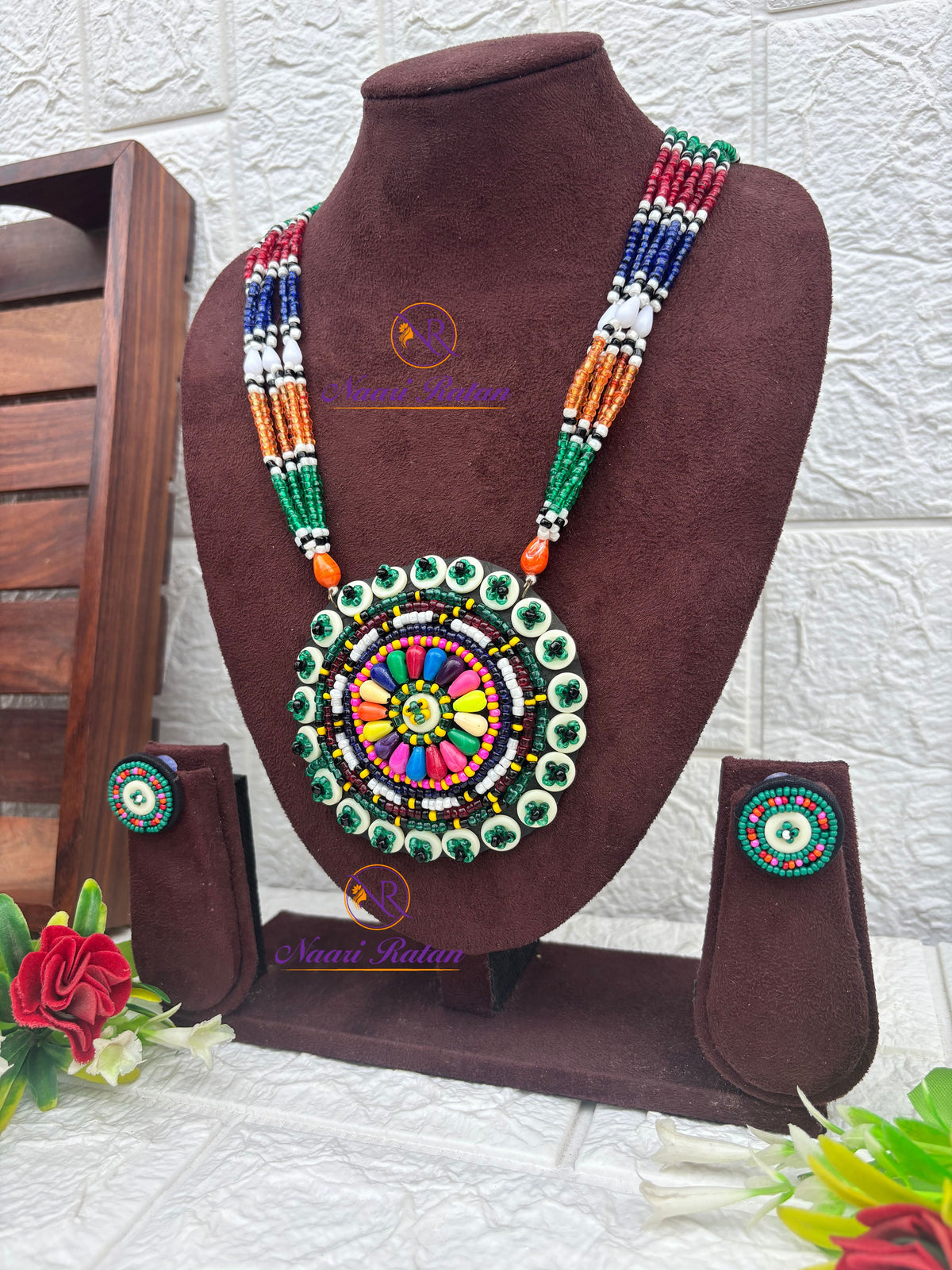 Kutchi Motira Neckpiece 03 Naari Ratan - multicolor beadwork necklace with floral mandala pendant ''Side View''