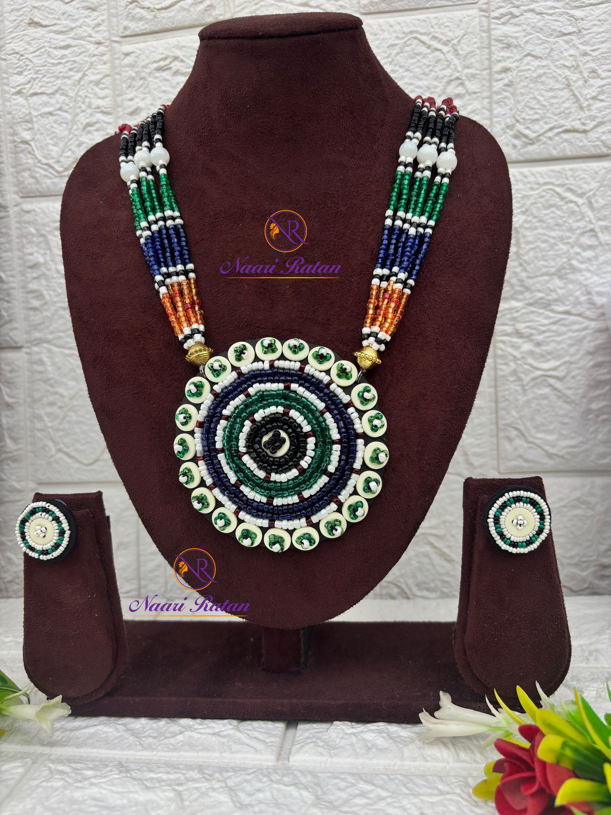 Kutchi Motira Neckpiece 04 Naari Ratan - multicolor beadwork necklace with floral mandala pendant