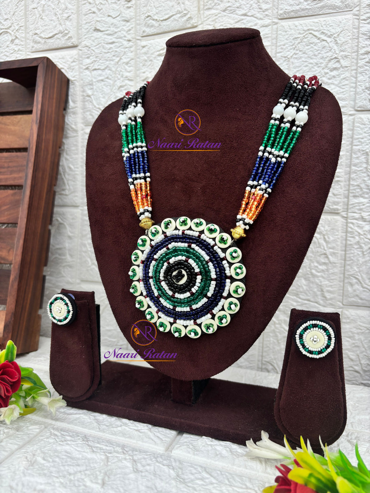 Kutchi Motira Neckpiece 04 Naari Ratan - multicolor beadwork necklace with floral mandala pendant Side View