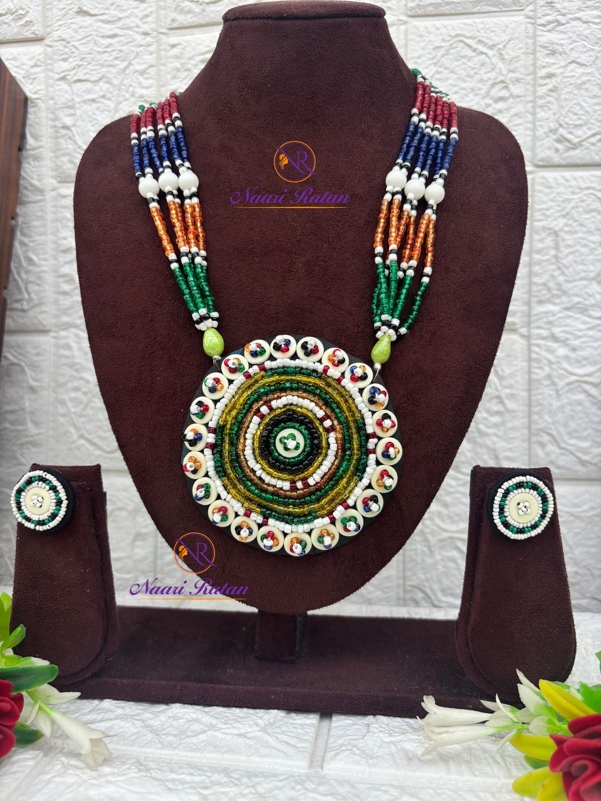 Kutchi Motira Neckpiece 05 Naari Ratan - multicolor beadwork necklace with floral mandala pendant