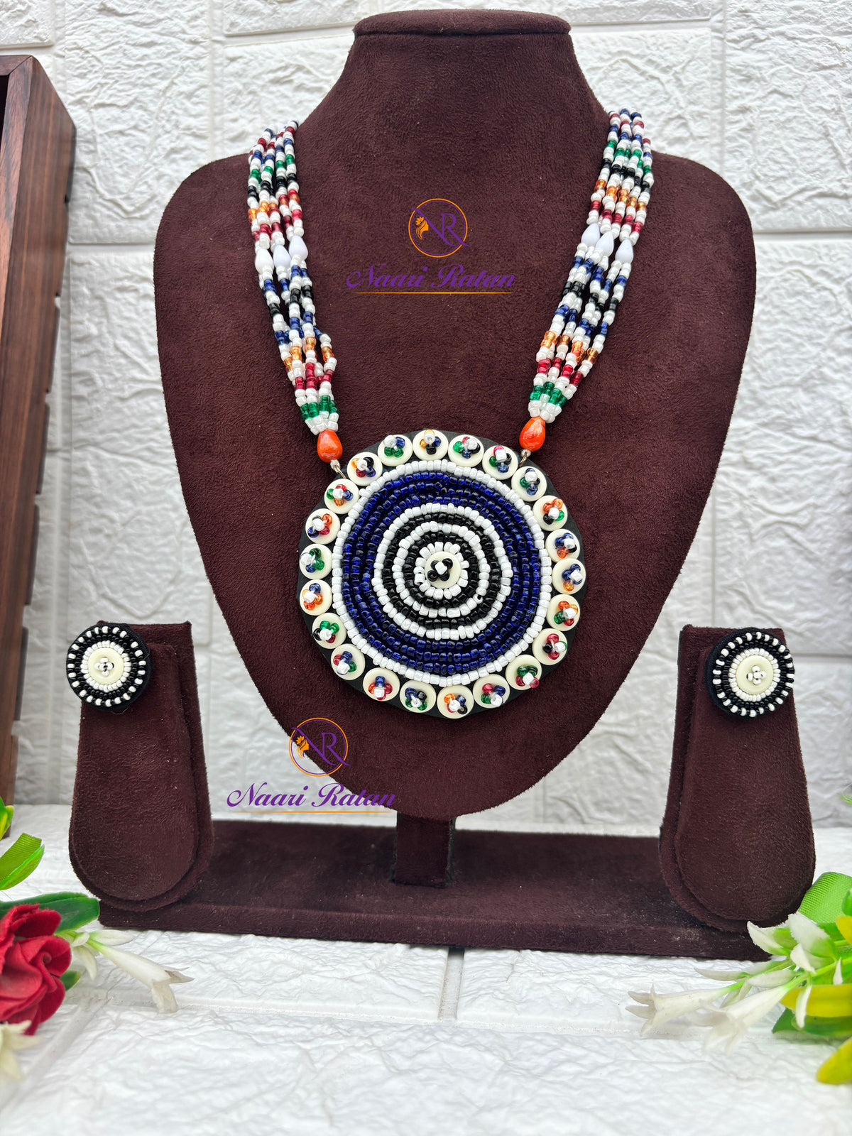 Kutchi Motira Neckpiece 06 Naari Ratan - multicolor beadwork necklace with floral mandala pendant