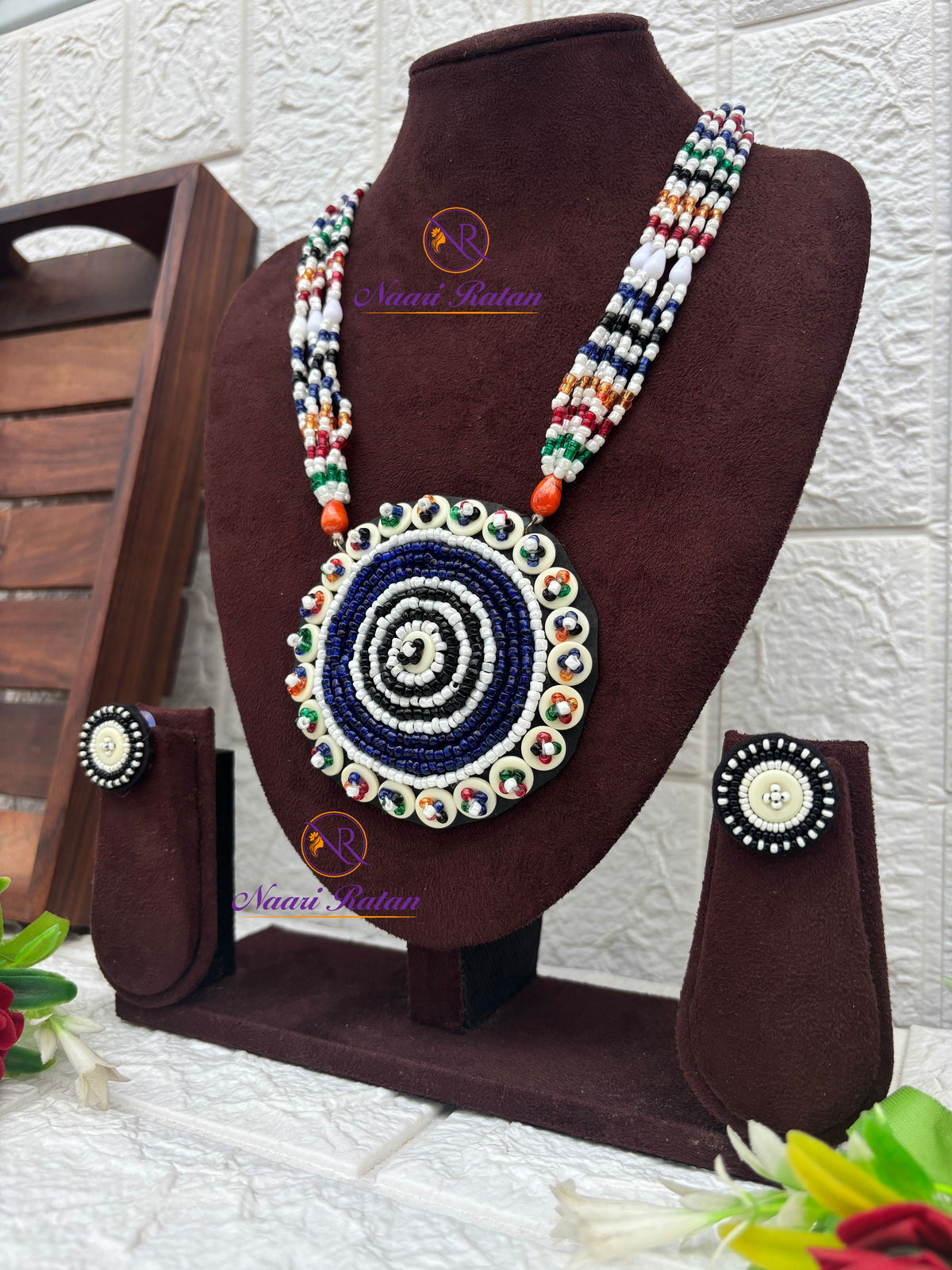 Kutchi Motira Neckpiece 06 Naari Ratan - multicolor beadwork necklace with floral mandala pendant
