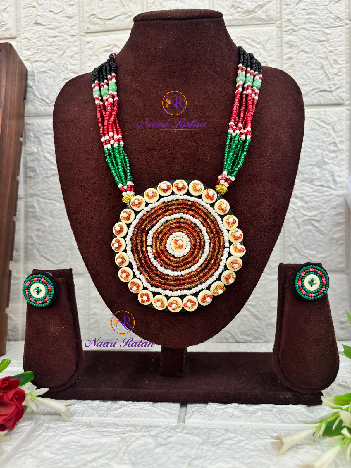 Kutchi Motira Neckpiece 07 Naari Ratan - multicolor beadwork necklace with floral mandala pendant