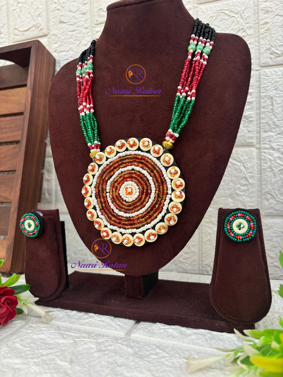 Kutchi Motira Neckpiece 07 Naari Ratan - multicolor beadwork necklace with floral mandala pendant Side View