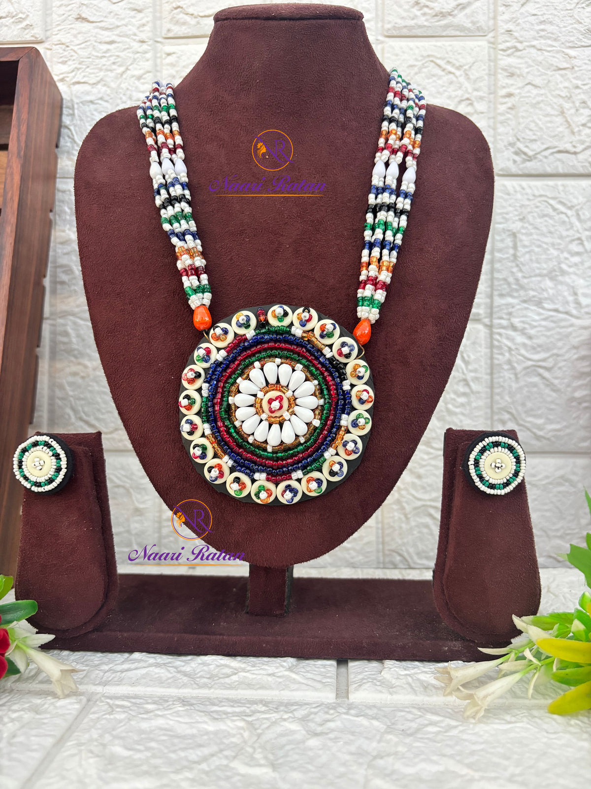 Kutchi Motira Neckpiece 08 Naari Ratan - multicolor beadwork necklace with floral mandala pendant