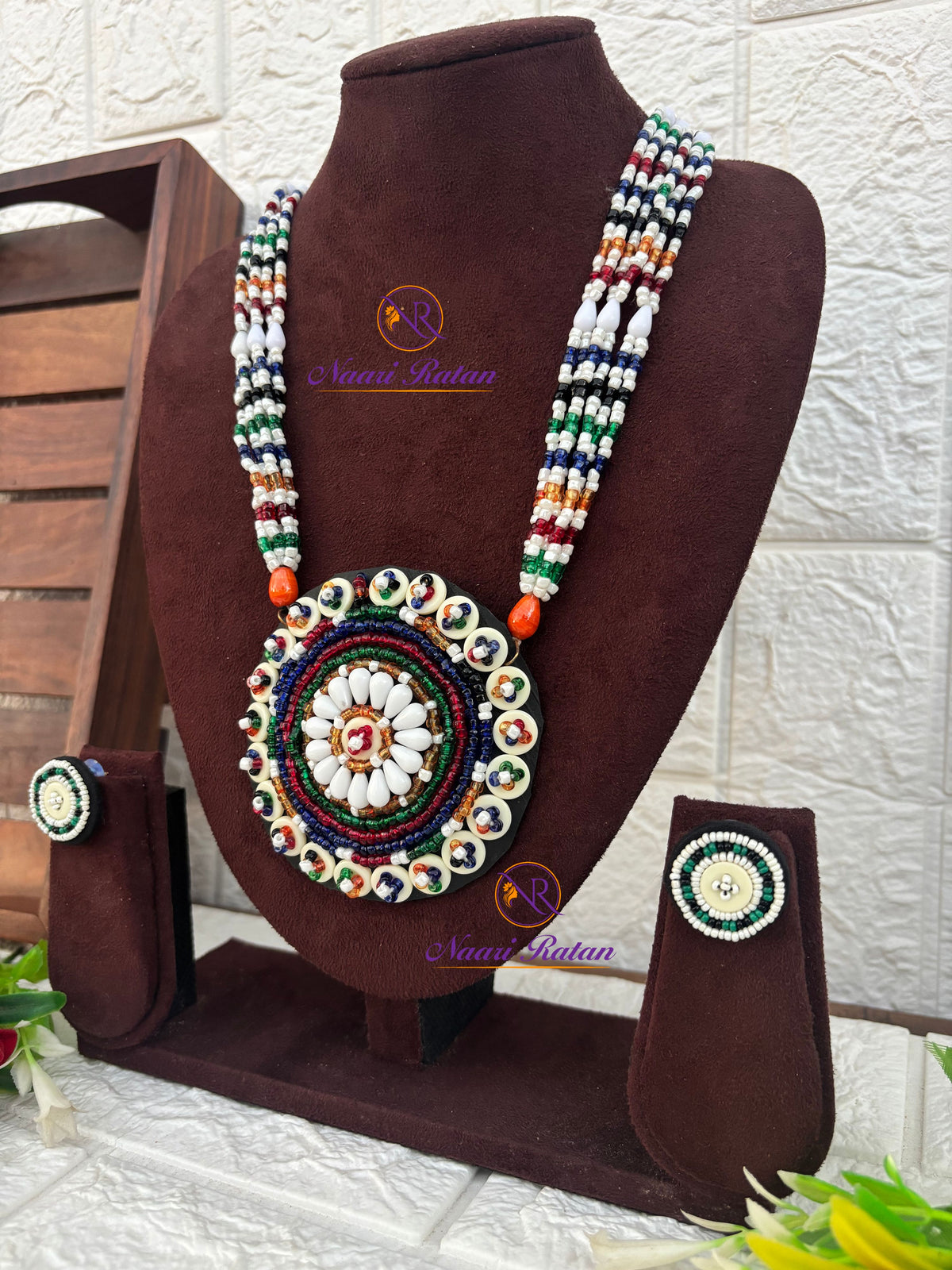 Kutchi Motira Neckpiece 08 Naari Ratan - multicolor beadwork necklace with floral mandala pendant Side View