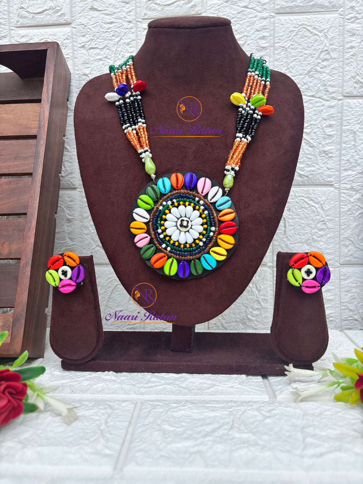 Kutchi Motira Neckpiece 09 Naari Ratan - multicolor beadwork necklace with floral mandala pendant