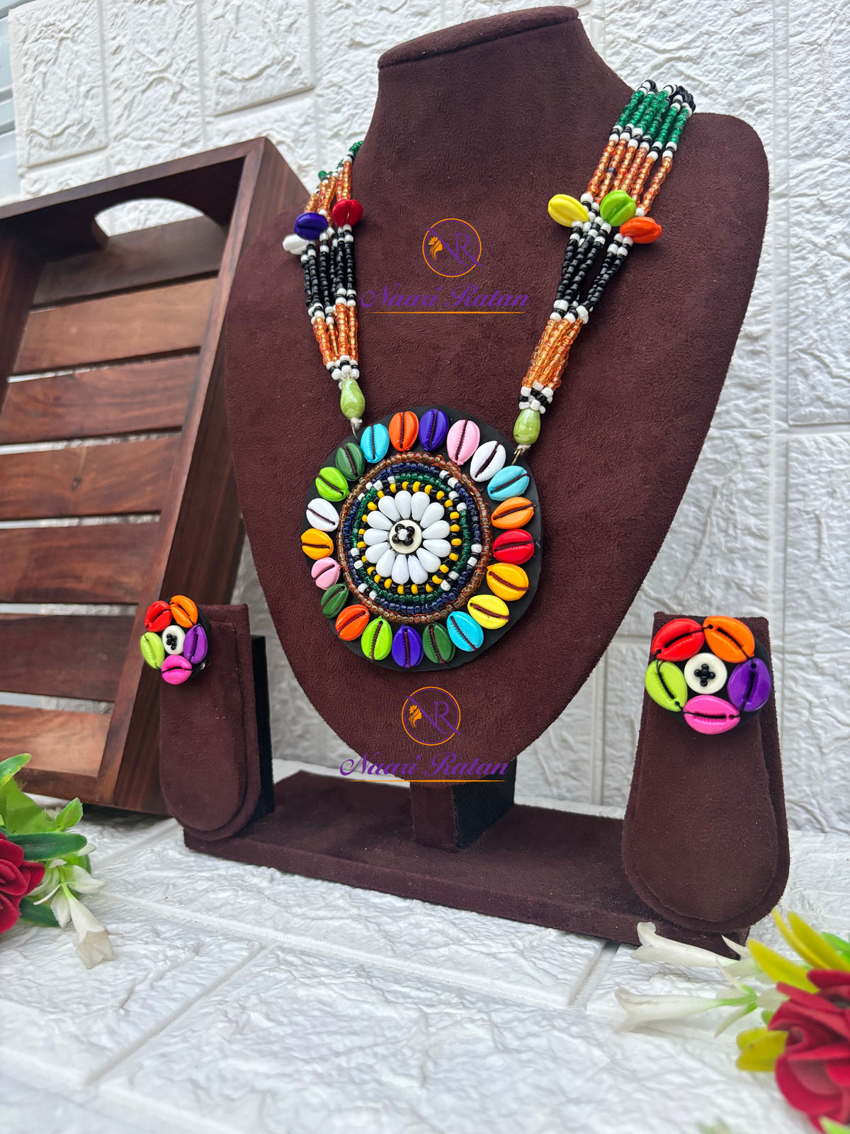 Kutchi Motira Neckpiece 09 Naari Ratan - multicolor beadwork necklace with floral mandala pendant Side View