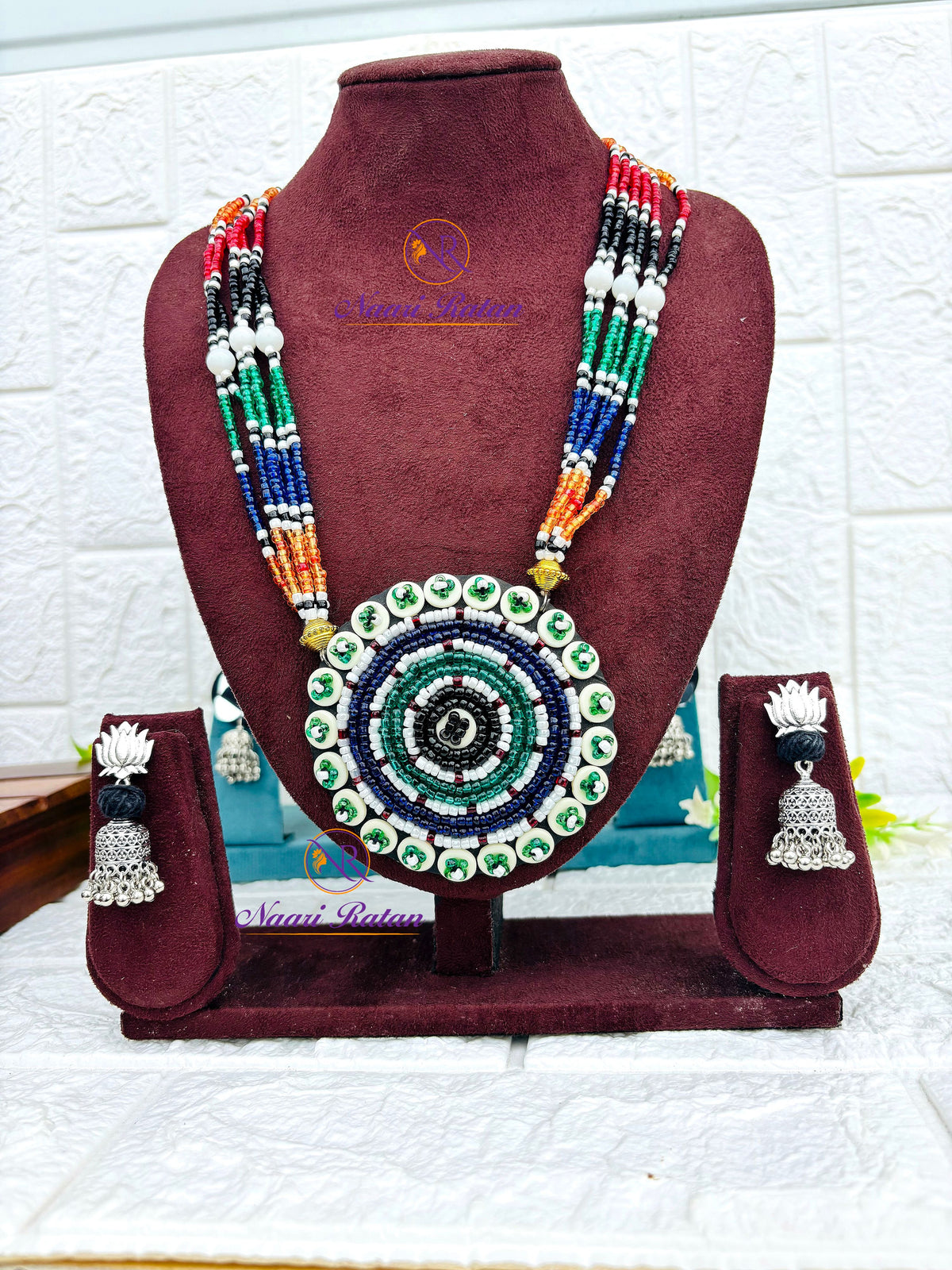 Kutchi Motira Neckpiece 10 Naari Ratan - multicolor beadwork necklace with floral mandala pendant