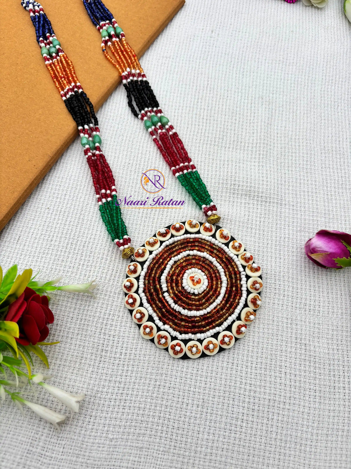 Kutchi Motira Neckpiece NNS32 Naari Ratan - Multicolor beadwork necklace set Full view
