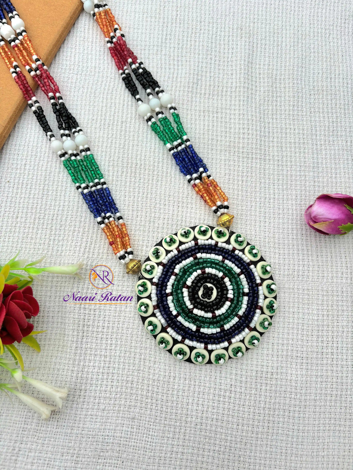 Kutchi Motira Neckpiece NNS34 Naari Ratan - Multicolor beadwork necklace set full view