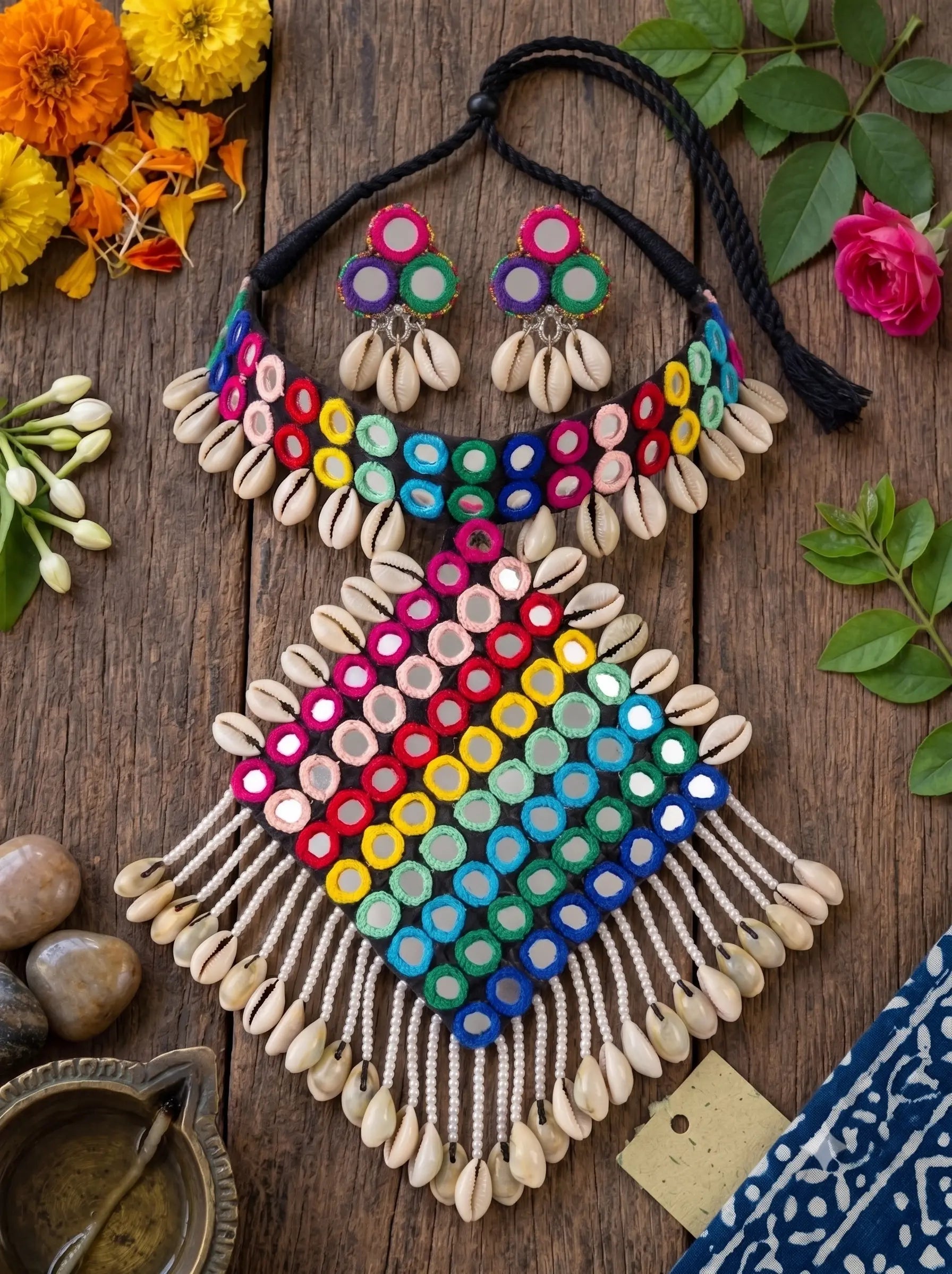 Navratri Necklace Set NNS03 mirror work necklace and earrings by Naari Ratan