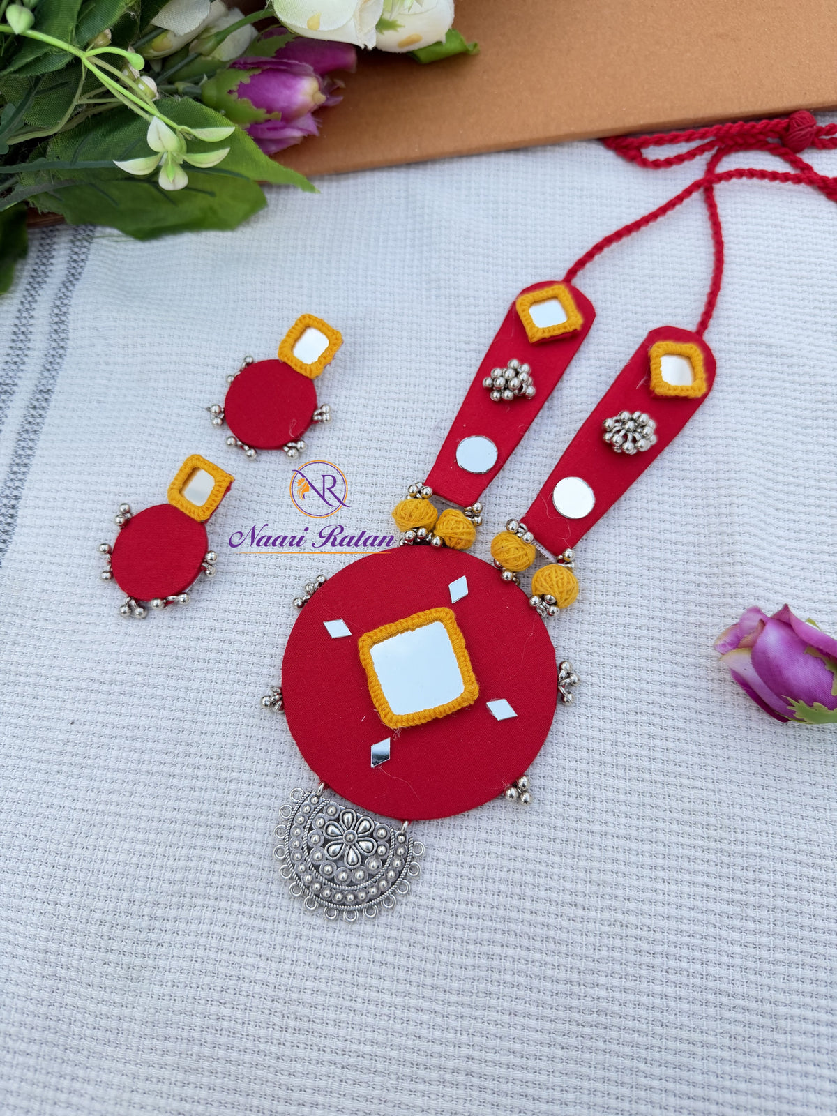 Navratri Necklace Set NNS21 Naari Ratan - Red mirror work jewellery