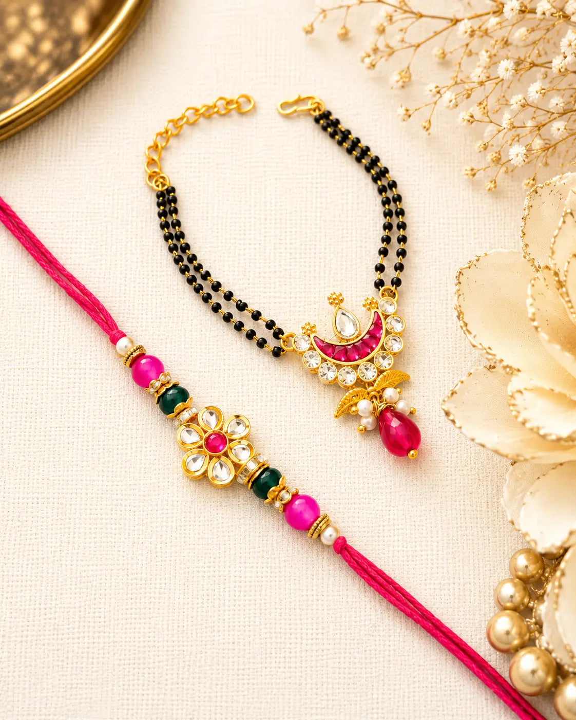 Premium Bhai Bhabhi Rakhi Pair RBB46 with Pink Floral Kundan Rakhi and Pink Stone Lumba Bracelet by Naari Ratan