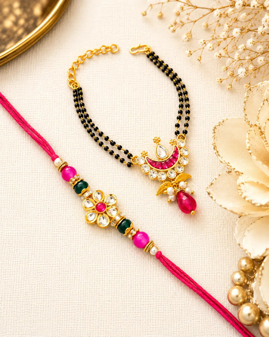 Premium Bhai Bhabhi Rakhi Pair RBB46 with Pink Floral Kundan Rakhi and Pink Stone Lumba Bracelet by Naari Ratan