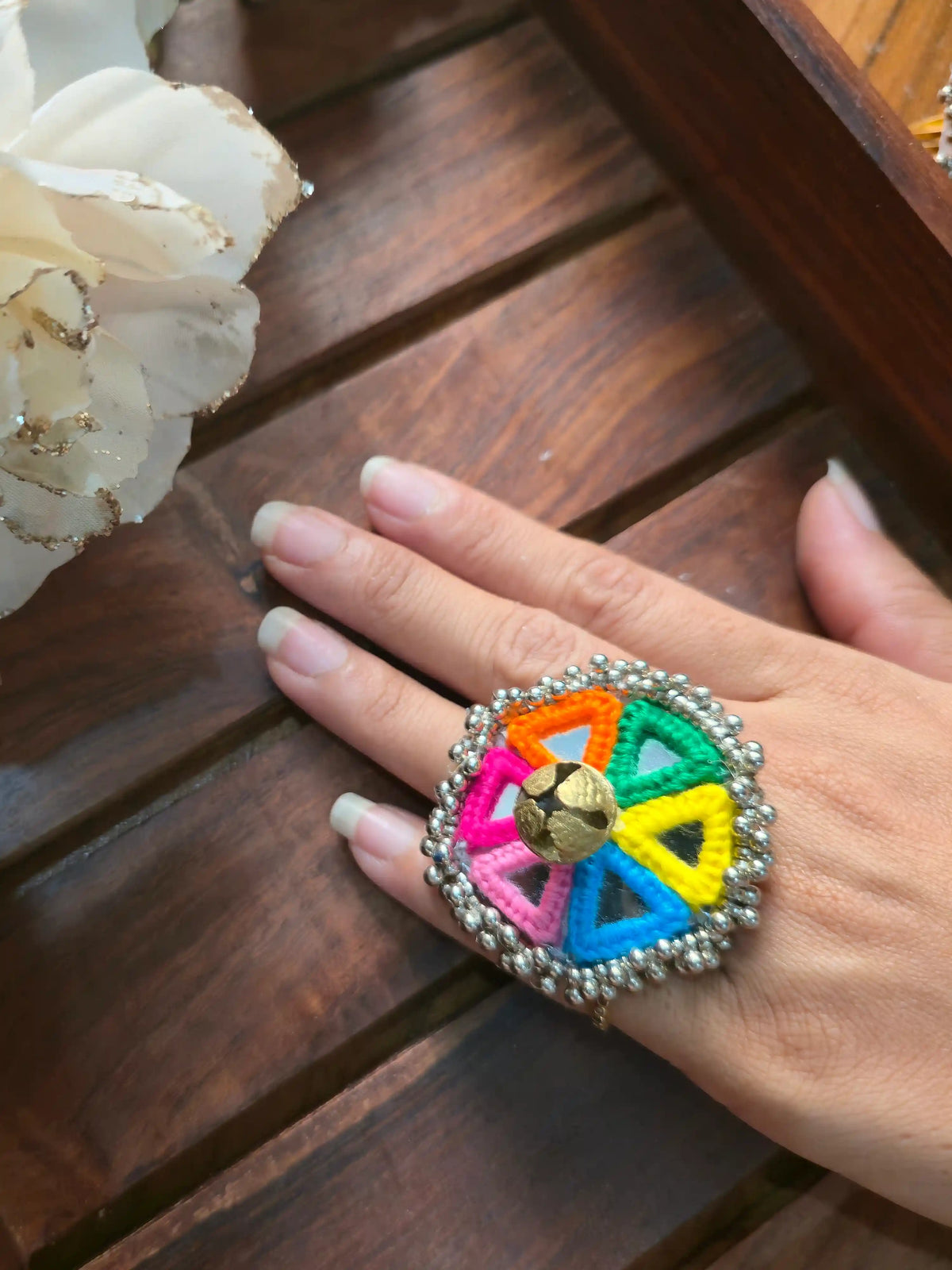 Oxidized silver mirror work ring with multicolor thread embroidery by Naari Ratan