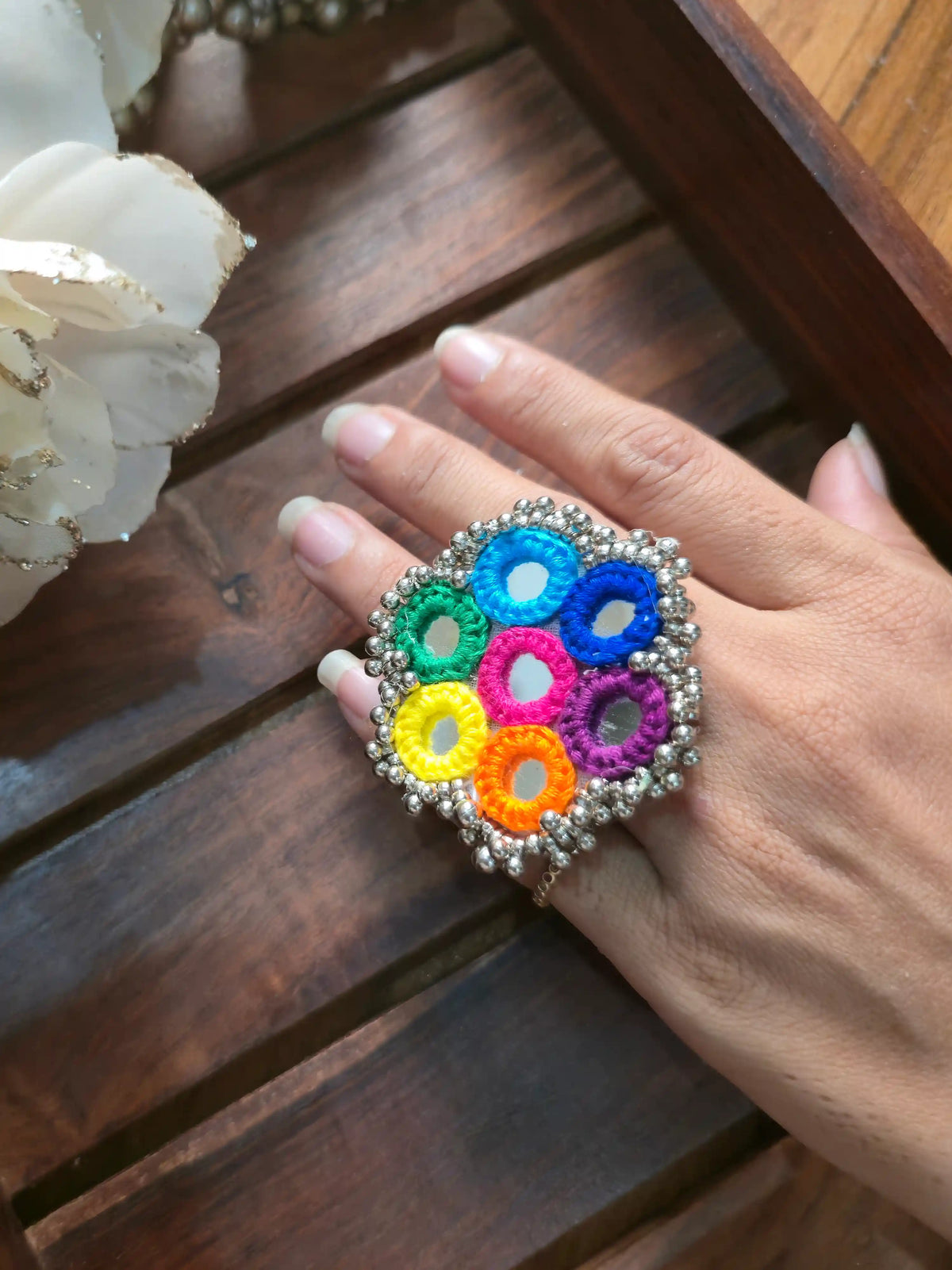 Shop Rangeeli Aina Ring NR02 by Naari Ratan - handcrafted mirror work ring with multicolor thread embroidery, perfect for Garba and Navratri styling.