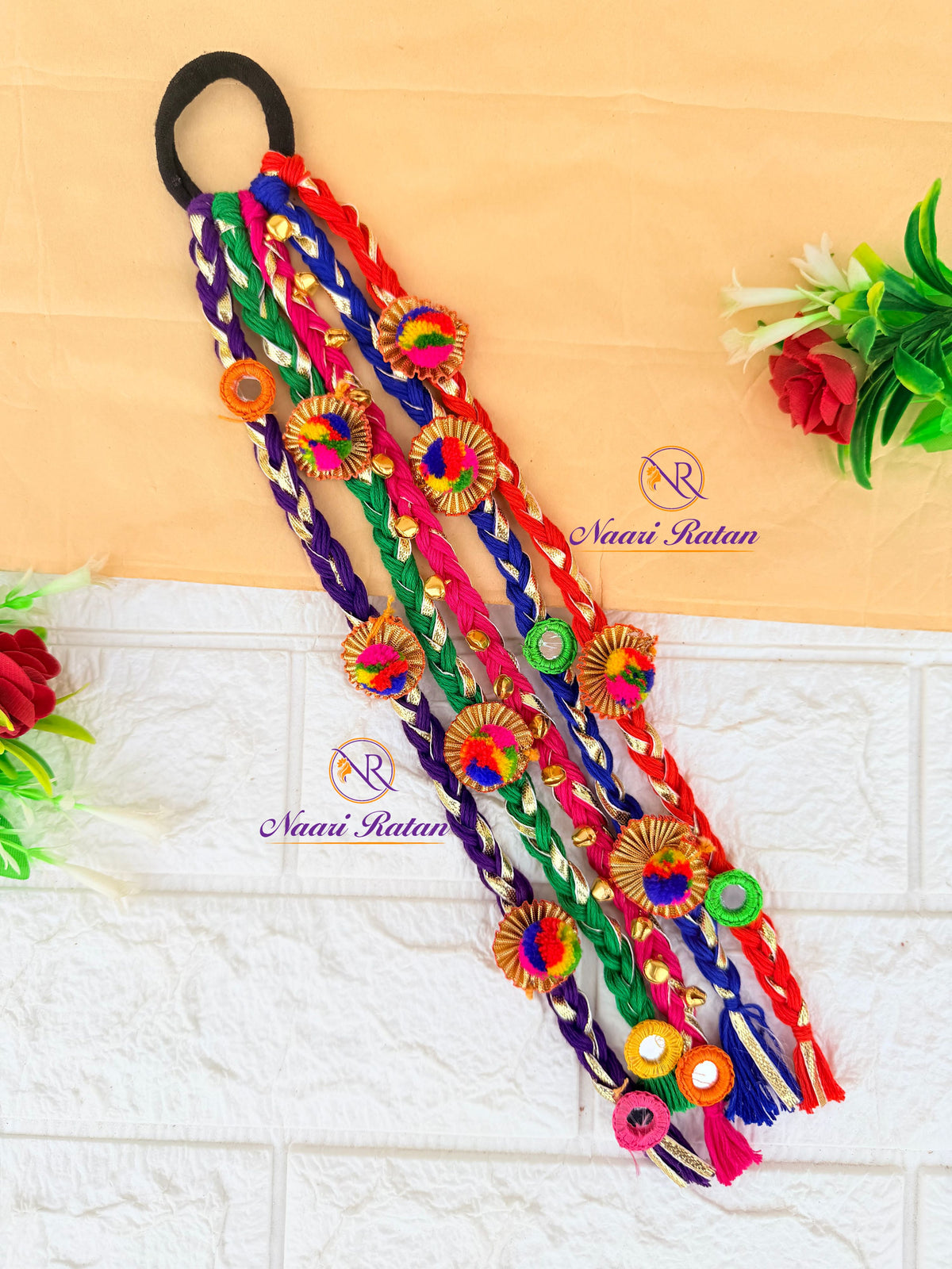 Rangeeli Hair Band HA03 Naari Ratan - multicolor braided hair accessory with mirror work and pom-poms
