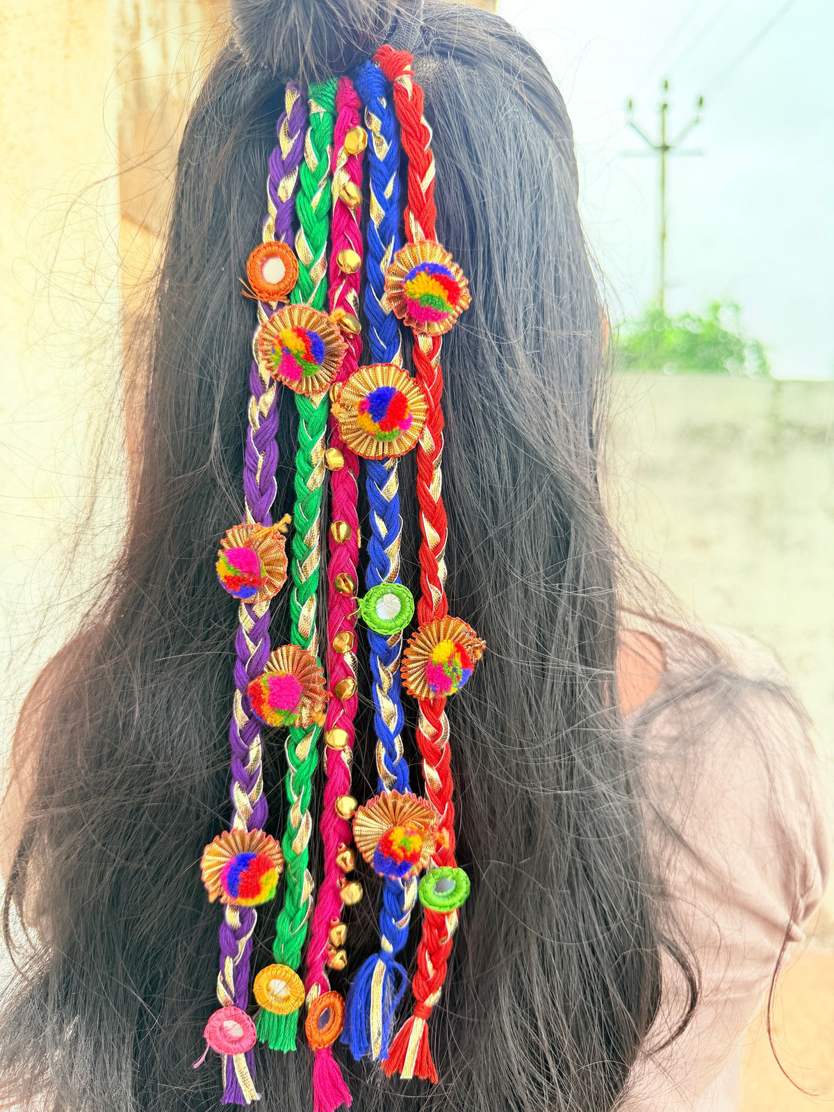 Rangeeli Hair Band HA03 Naari Ratan - multicolor braided hair accessory with mirror work and pom-poms Wear View