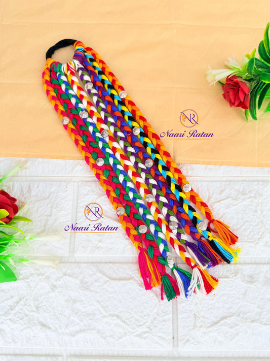 Rangeeli Hair Band HA04 Naari Ratan - multicolor braided hair band with silver spiral accents and tassels