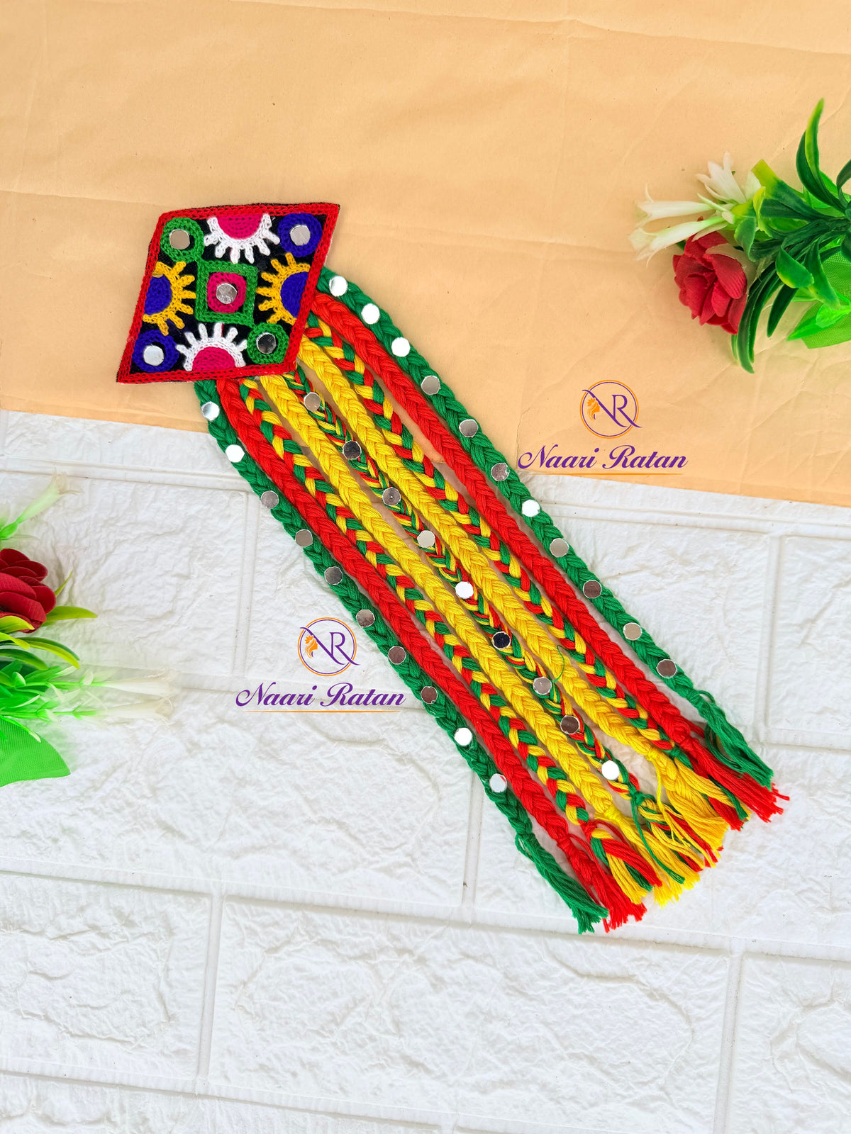 Rangeeli Hair Band HA05 Naari Ratan - mirror work hair accessory with red green yellow braided tassels