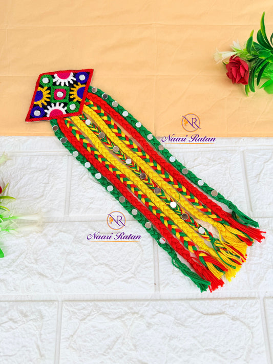 Rangeeli Hair Band HA05 Naari Ratan - mirror work hair accessory with red green yellow braided tassels with Closed up View