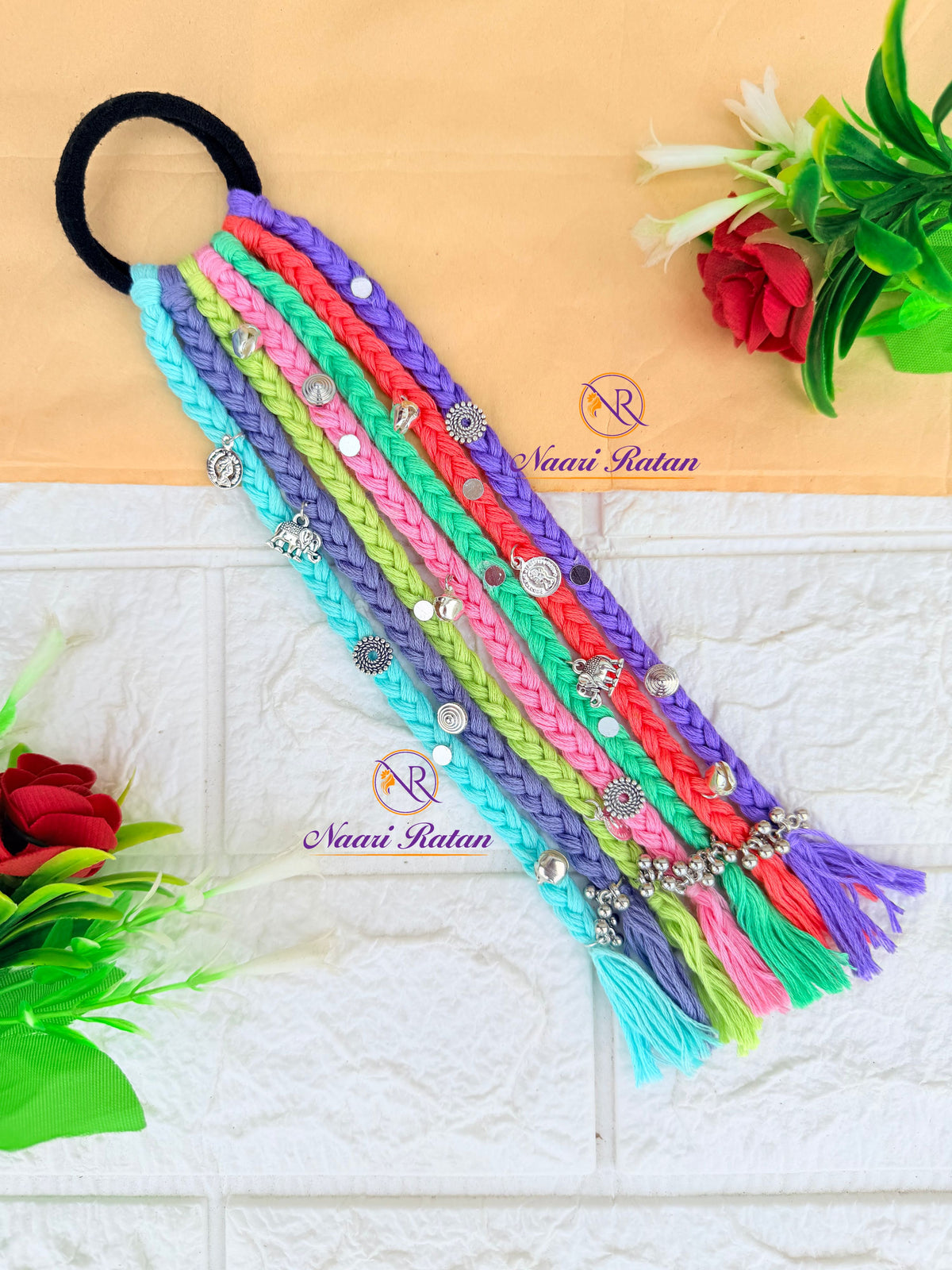 Rangeeli Hair Band HA06 Naari Ratan - pastel multicolor braided hair band with silver elephant charms