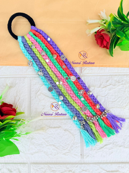 Rangeeli Hair Band HA06 Naari Ratan - pastel multicolor braided hair band with silver elephant charms
