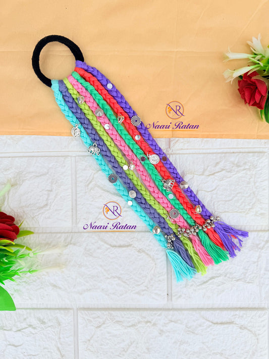 Rangeeli Hair Band HA06 Naari Ratan - pastel multicolor braided hair band with silver elephant charms