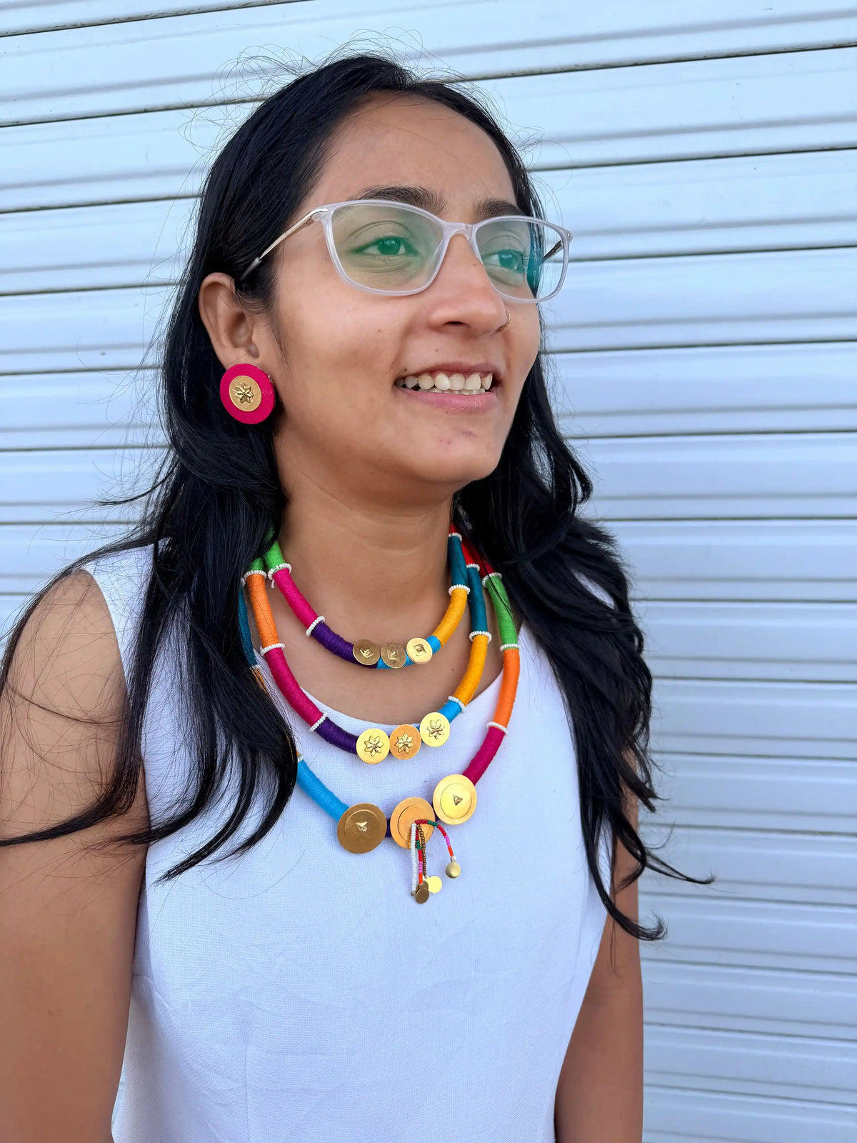 Rangeeli Layered Neckpiece NNS57 - Multicolor 3-layer thread necklace with gold charm accents by Naari Ratan full view