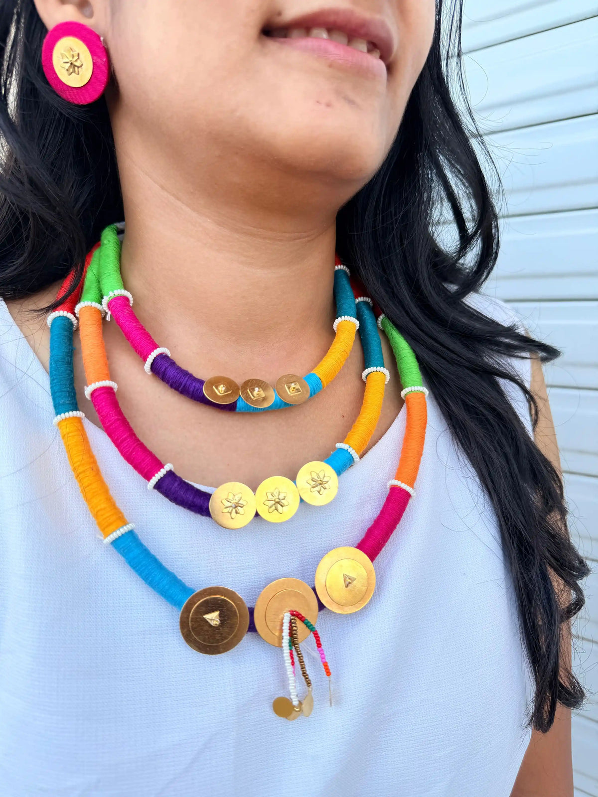 Rangeeli Layered Neckpiece NNS57 - Multicolor 3-layer thread necklace with gold charm accents by Naari Ratan side view