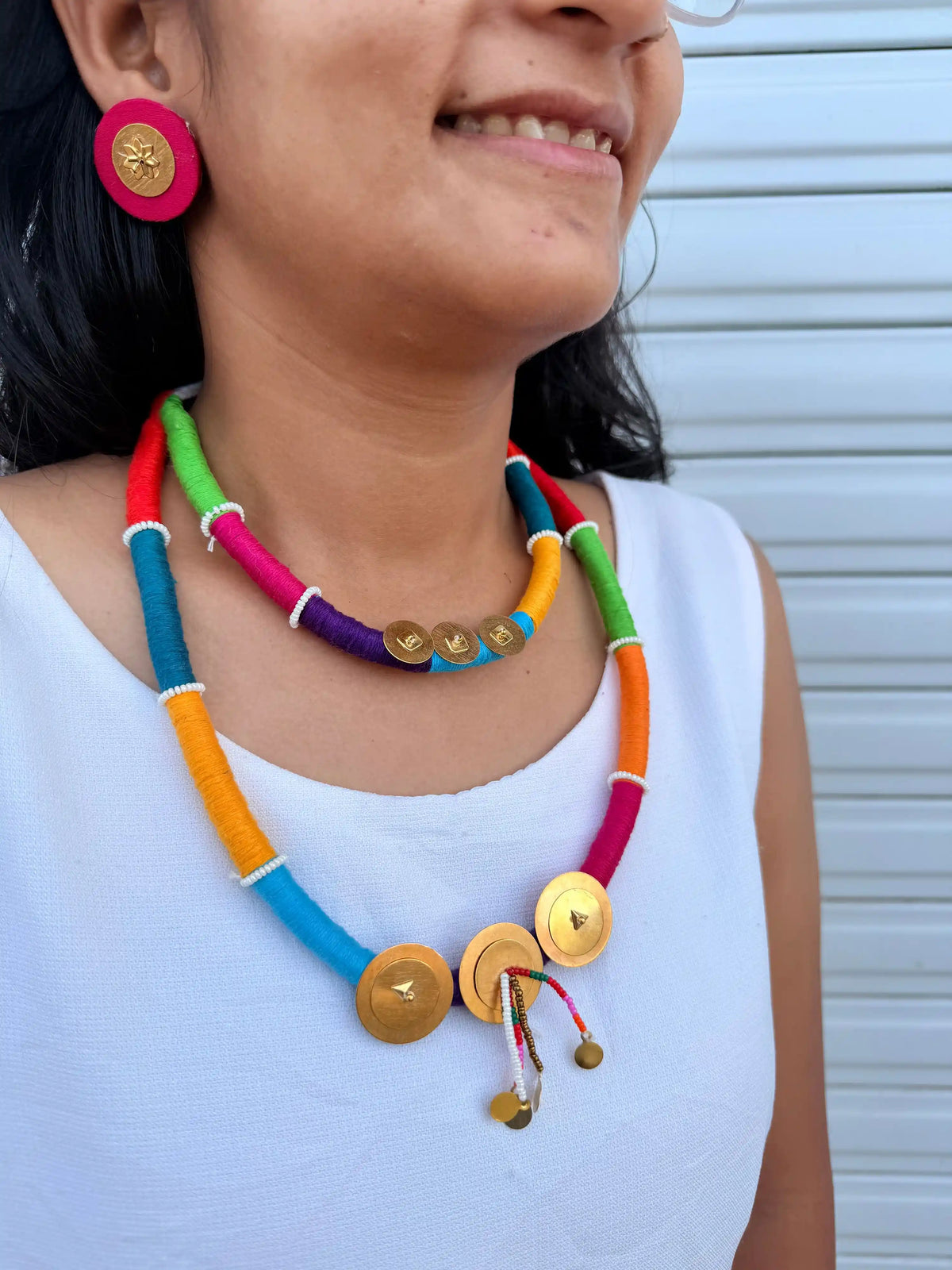 Rangeeli Layered Neckpiece NNS58 - Multicolor 3-layer thread necklace with gold charm accents by Naari Ratan