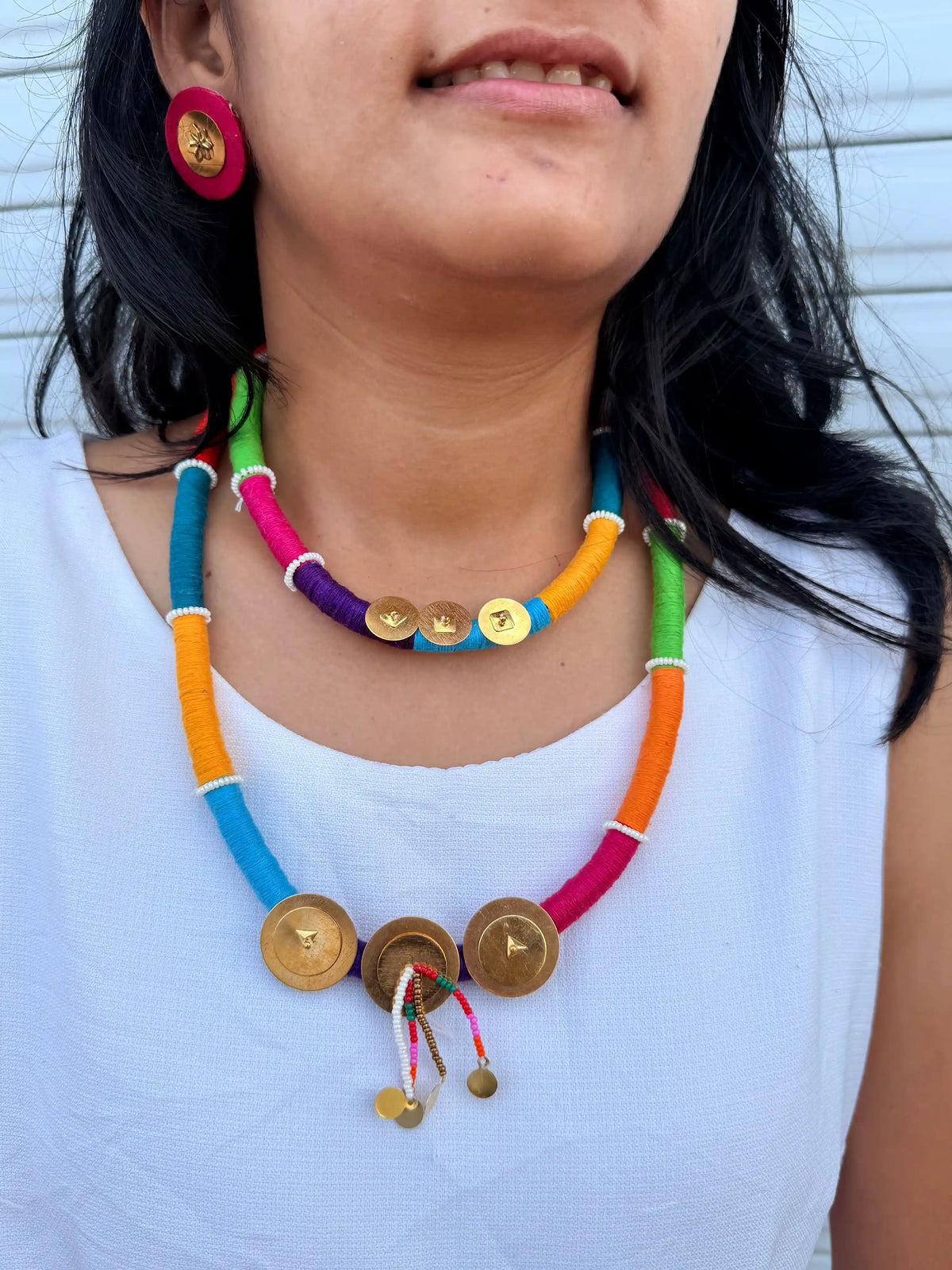 Rangeeli Layered Neckpiece NNS58 - Multicolor 3-layer thread necklace with gold charm accents by Naari Ratan