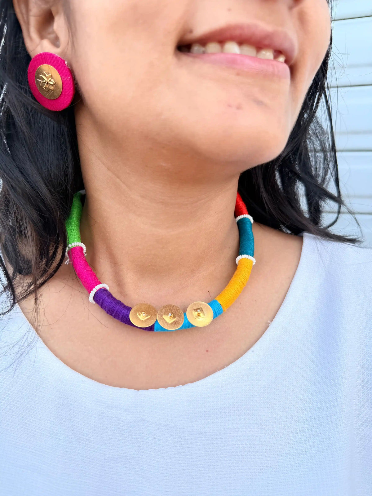Rangeeli Layered Neckpiece NNS59 - Multicolor layer thread necklace with gold charm accents by Naari Ratan