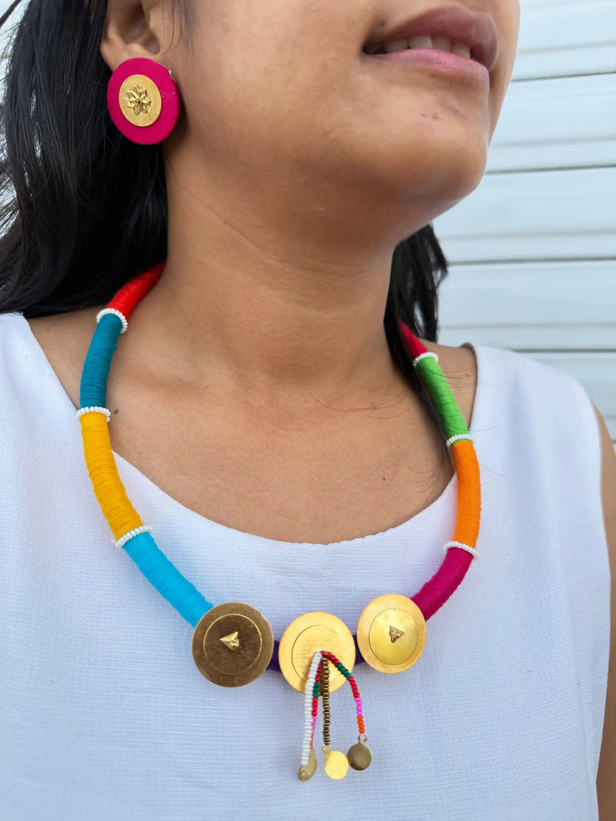 Rangeeli Layered Neckpiece NNS60 - Multicolor 3-layer thread necklace with gold charm accents by Naari Ratan