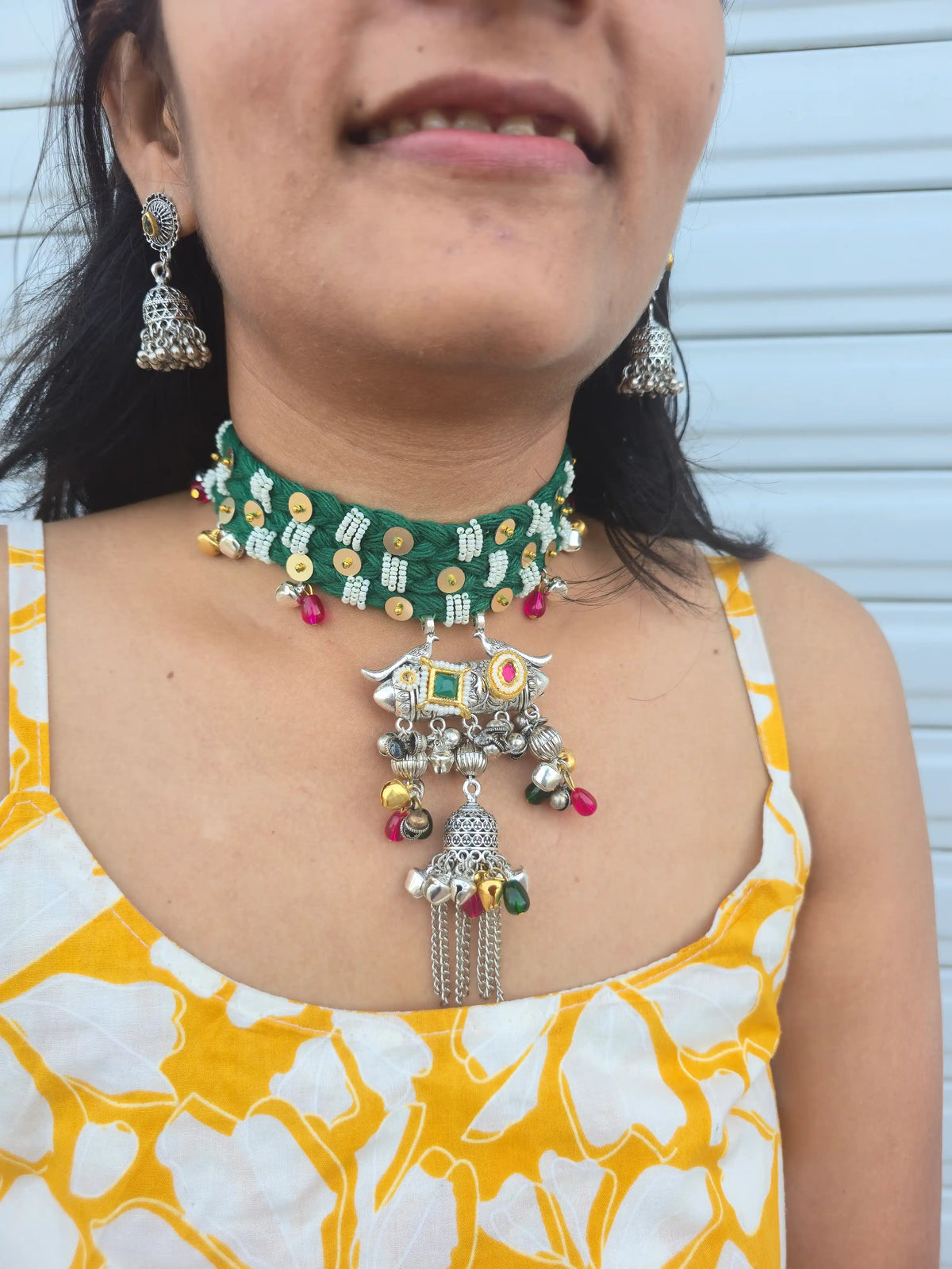 Rangeeli Layered Neckpiece NNS62 - Handcrafted braided choker with statement pendant by Naari Ratan Close up view