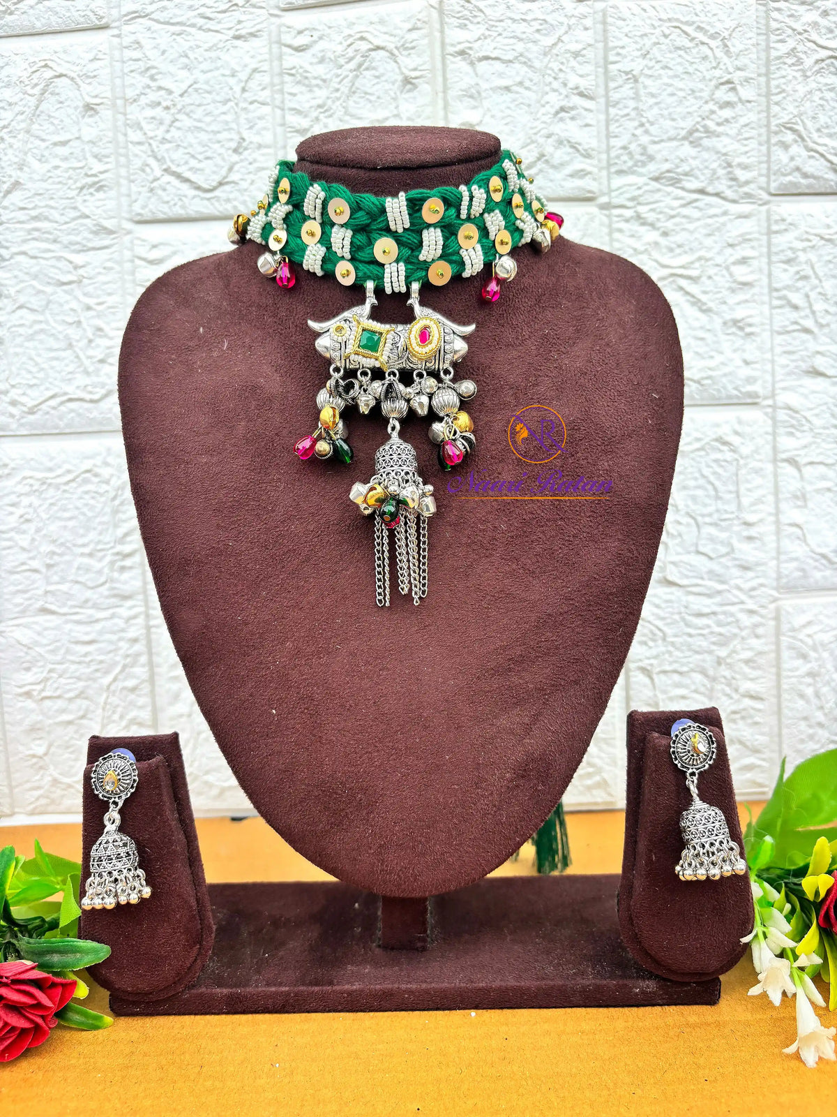 Rangeeli Layered Neckpiece NNS62 - Handcrafted braided choker with statement pendant by Naari Ratan Side View
