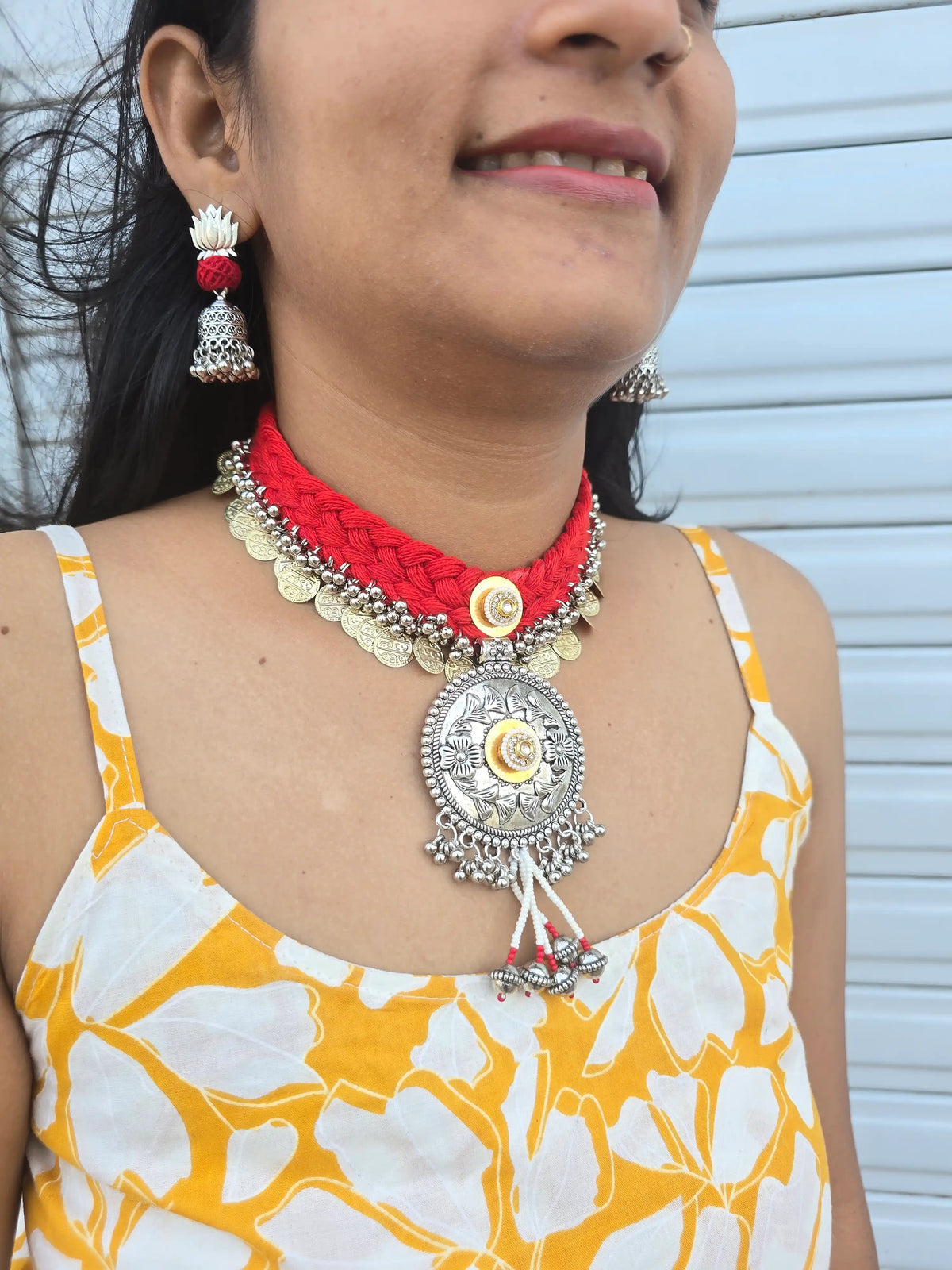 Rangeeli Layered Neckpiece NNS63 - Handcrafted braided choker with statement pendant by Naari Ratan