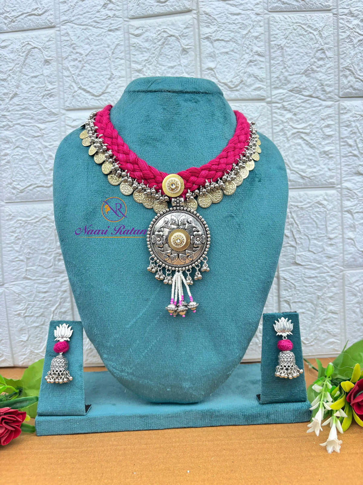 Rangeeli Layered Neckpiece NNS64 - Handcrafted braided choker with statement pendant by Naari Ratan full view
