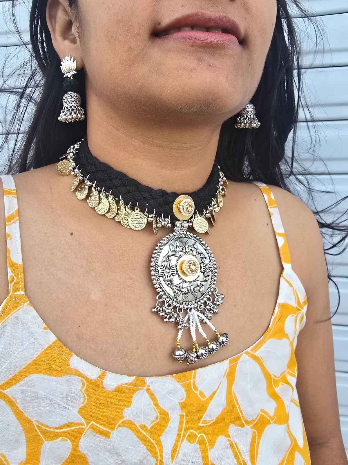 Rangeeli Layered Neckpiece NNS65 - Handcrafted braided choker with statement pendant by Naari Ratan