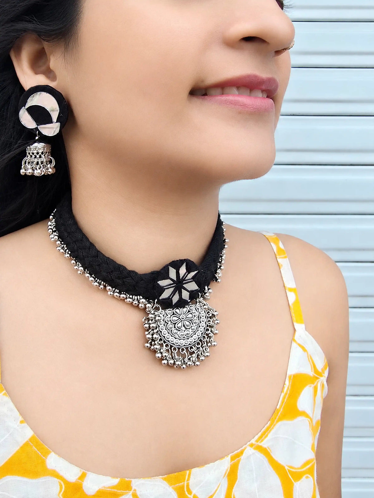 Rangeeli Layered Neckpiece NNS69 - Handcrafted braided choker with statement pendant by Naari Ratan