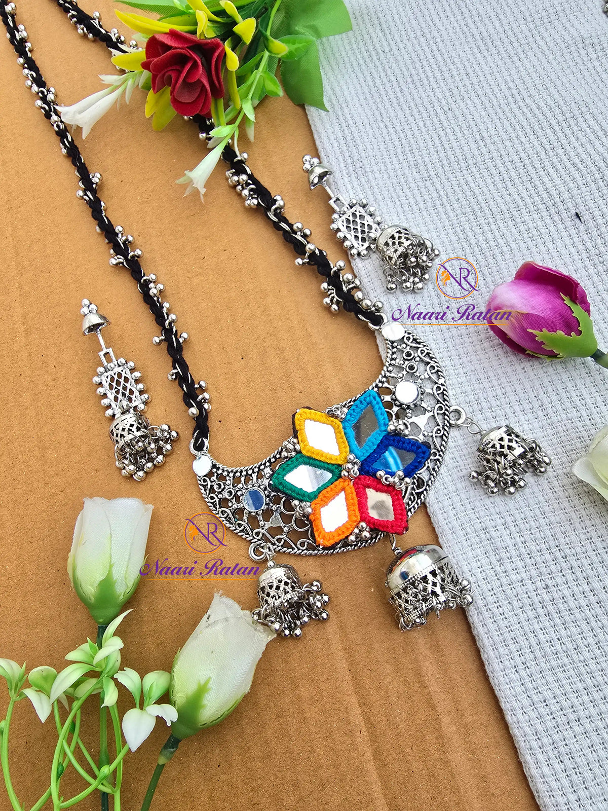 Rangeeli Layered Neckpiece NNS71 - Handcrafted braided choker with Silver Oxidized statement pendant by Naari Ratan
